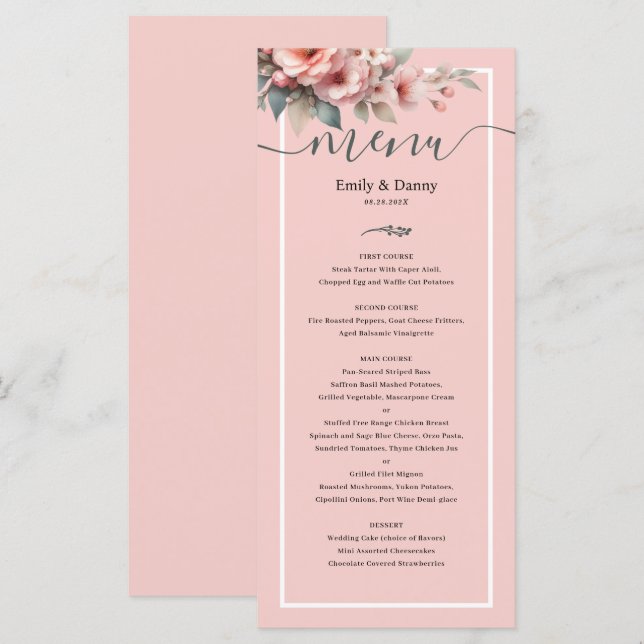 Menu de Casamento Botânico Elegante Rosa Pêssego (Frente/Verso)