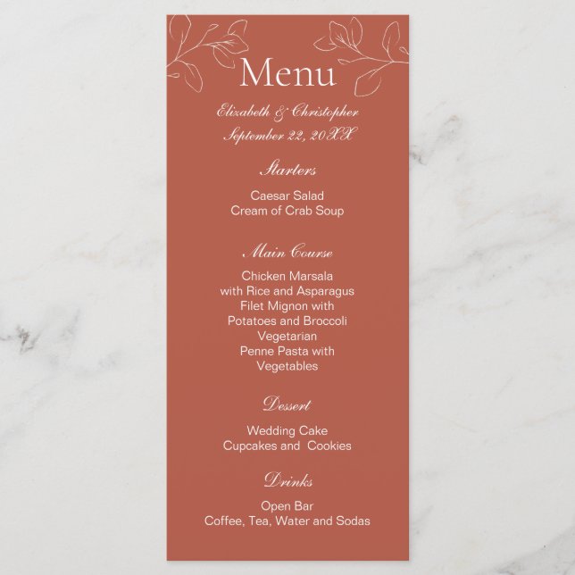 Menu de Casamento Botânico Floral Branco Terracott (Frente)