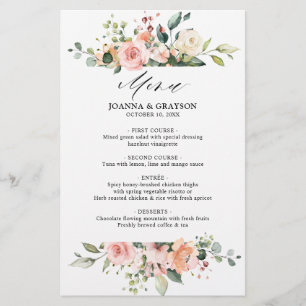 Menu de Casamento Botânico Floral de Pastel Blush