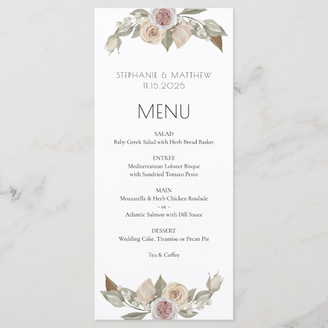 Menu de Casamento Botânico Floral de Pêssego Rosa  (Frente)