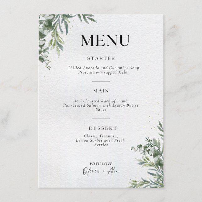 Menu de Casamento Botânico – Ilustração Elegante d (Frente)