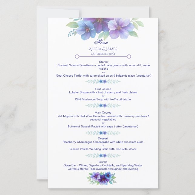Menu de Casamento Botânico Romântico Azul Roxo (Frente)