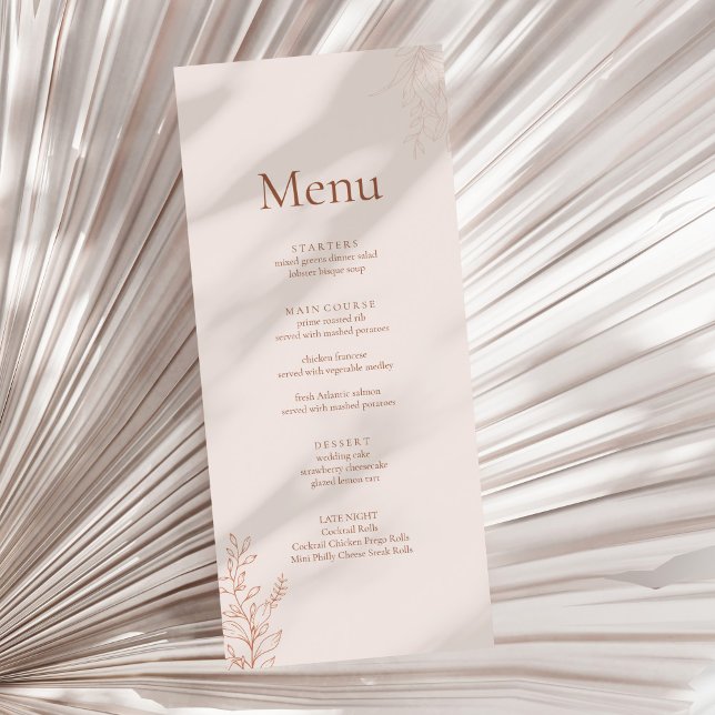 Menu de Casamento Botânico Terracota Minimalista (Minimal Terracotta Botanical Wedding Menu on a sunny neutral dry palm leaf.)