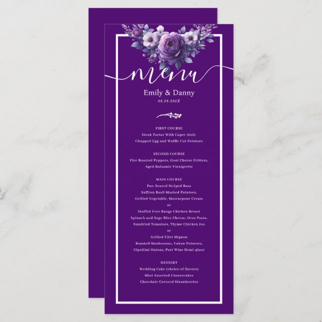 Menu de Casamento Botânico Violeta-Roxo Real (Frente/Verso)