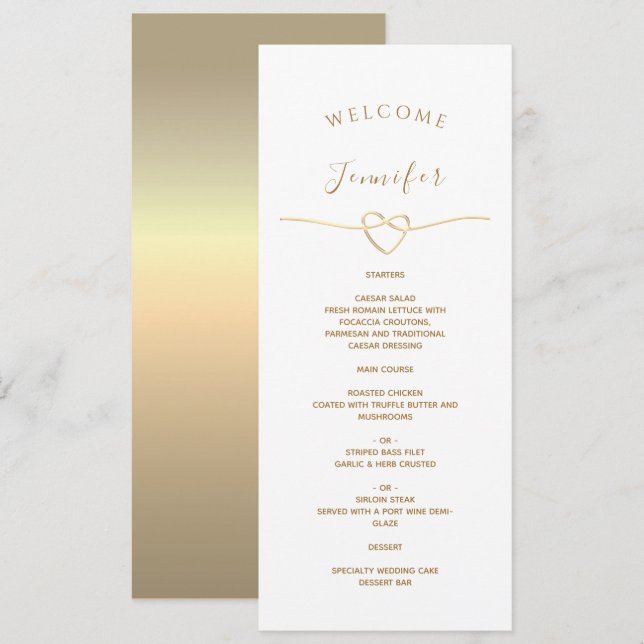 Menu de Casamento Branco com Nome & Coração Dourad (Frente/Verso)