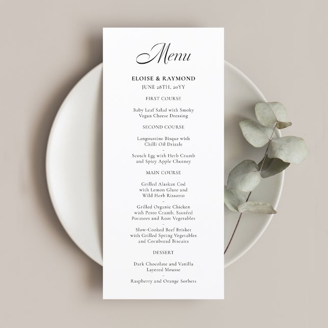 Menu de Casamento Branco da Caligrafia Minimalista (Criador carregado)
