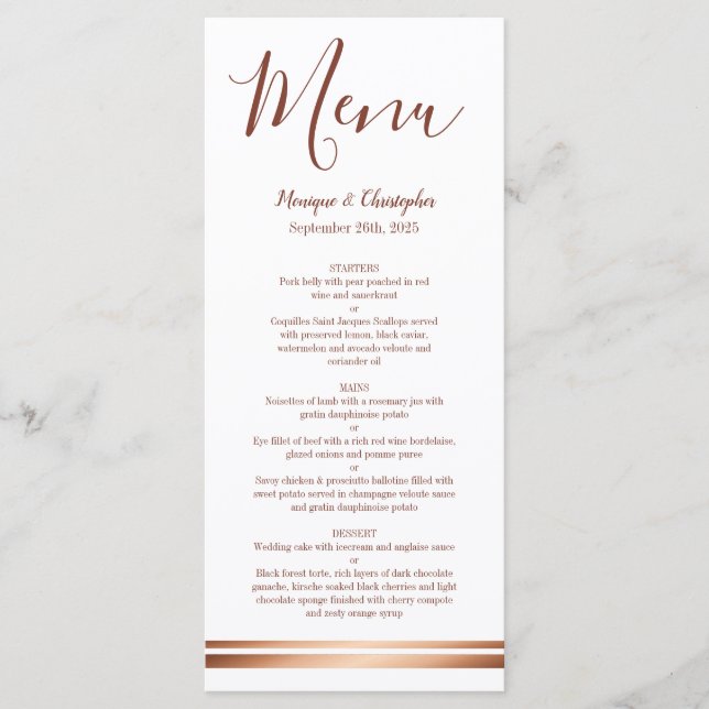 Menu de Casamento Branco de Cobre Dourado Elegante (Frente)
