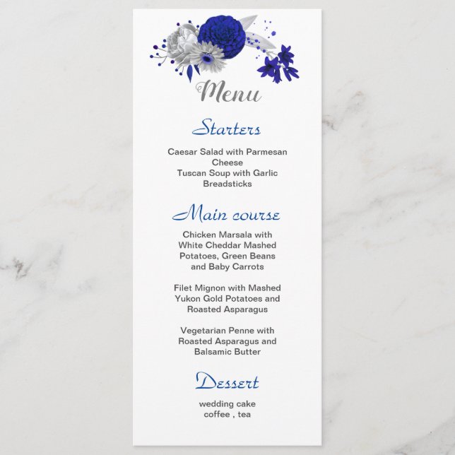 menu de casamento branco de flores azuis reais (Frente)