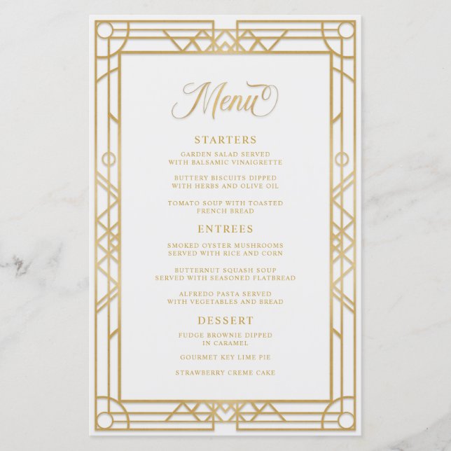 Menu de Casamento Branco de Quadro Dourado Geométr (Frente)