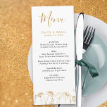 Menu de Casamento Branco Dourado Floral do Sketch<br><div class="desc">Menu de casamento de flor selvagem com tipografia escrita à mão em branco e ouro. O modelo está configurado para personalizar com o menu definido ou opções de refeição. Este delicado design botânico apresenta uma simples borda floral de flores silvestres douradas, na arte de linhas douradas esboçadas. Por favor, procure...</div>
