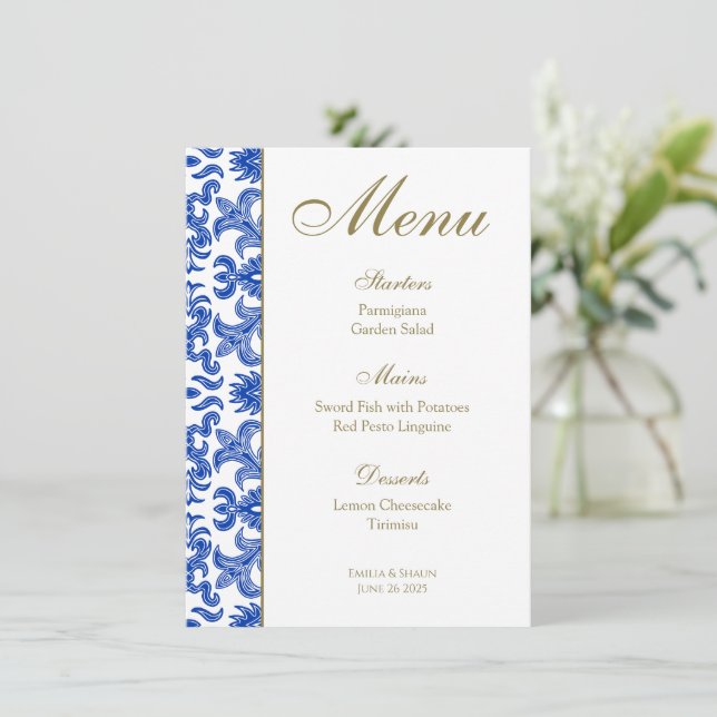 Menu de Casamento Branco e Azul Italiano (Em pé/Frente)