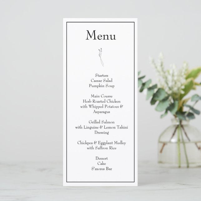 Menu de Casamento Branco e Preto do Monograma Mini (Em pé/Frente)