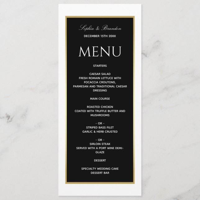 Menu de Casamento Branco e Preto Elegante (Frente)