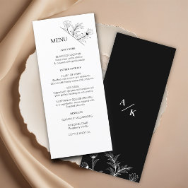 Menu de Casamento Branco e Preto Floral Elegante