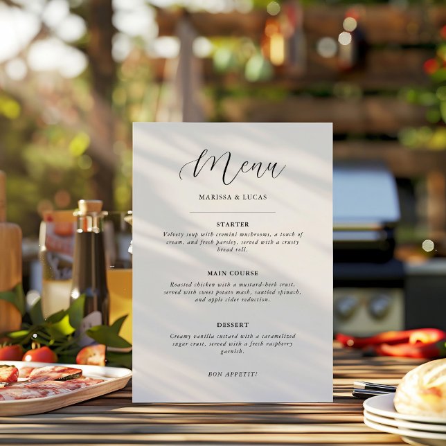 Menu de Casamento Branco e Preto Minimalista Simpl (simple modern minimalist black and white wedding menu elegant stylish script)