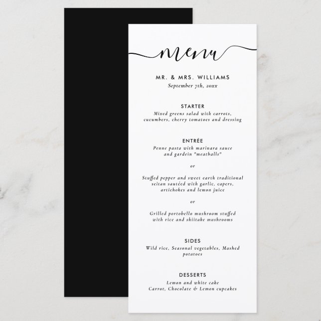 Menu de Casamento Branco e Preto Moderno (Frente/Verso)