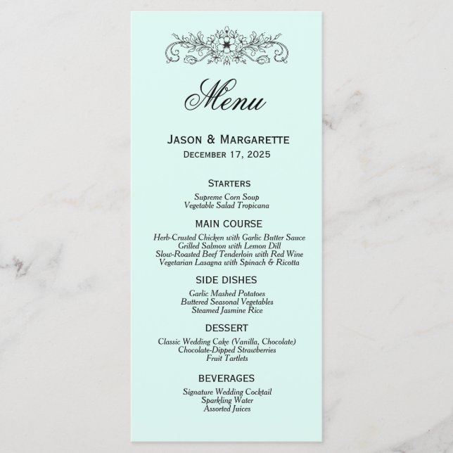 Menu de Casamento Branco e Preto Moderno Elegante (Frente)