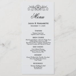 Menu de Casamento Branco e Preto Moderno Elegante
