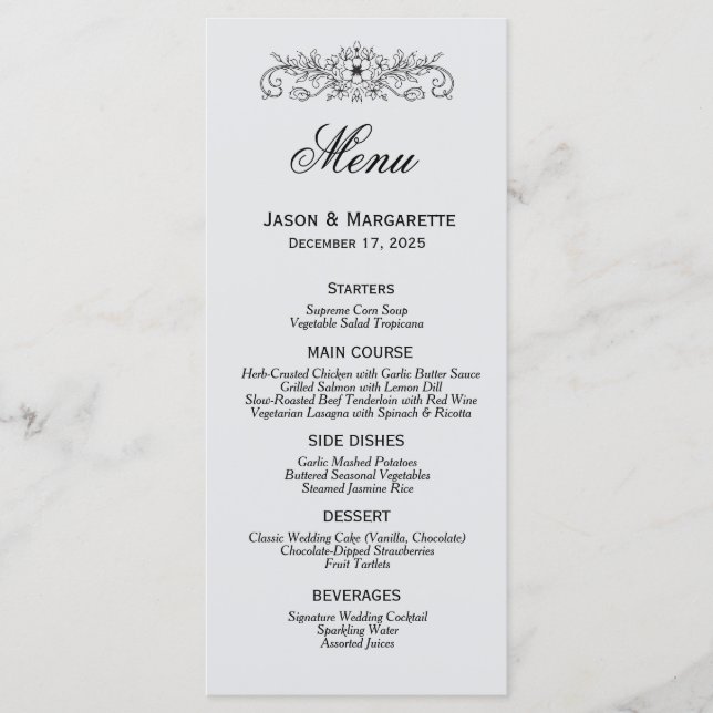 Menu de Casamento Branco e Preto Moderno Elegante (Frente)
