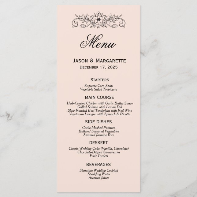 Menu de Casamento Branco e Preto Moderno Elegante (Frente)