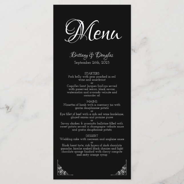 Menu de Casamento Branco e Preto Moderno Elegante (Frente)