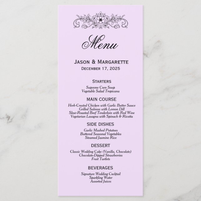 Menu de Casamento Branco e Preto Moderno Elegante (Frente)