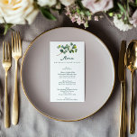 Menu de casamento branco e verde do eucalipto<br><div class="desc">Um cartão de cardápio de casamento refinado, com uma delicada ramificação de eucalipto de aquarela no topo, combinado com um roteiro elegante verde e fontes serif. O fundo branco limpo e o layout minimalista permitem destacar os detalhes do menu e evento, enquanto o sotaque botânico adiciona um toque natural fresco....</div>