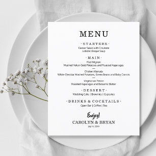 Menu de Casamento Branco Elegante Simples de Orçam