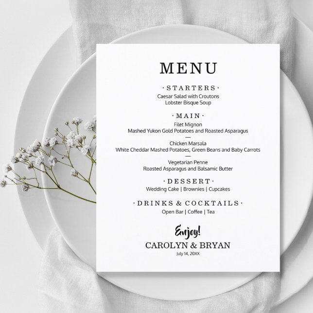 Menu de Casamento Branco Elegante Simples de Orçam (Criador carregado)