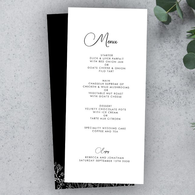 Menu de Casamento Branco Negro Elegante Floral Flo (Criador carregado)