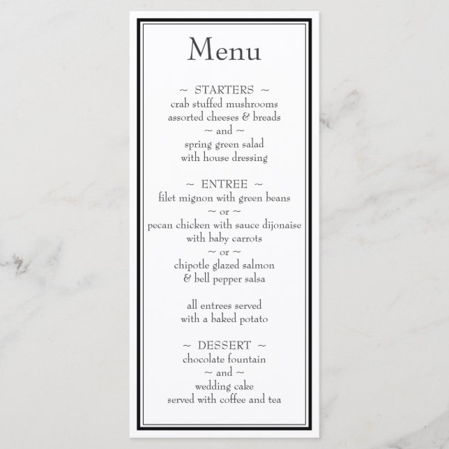 Menu de Casamento Branco Negro Minimalista Moderno (Frente)