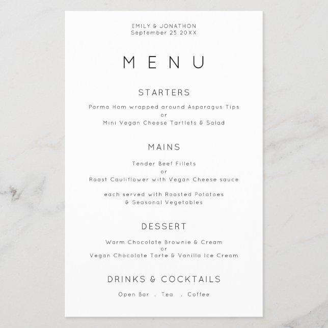 Menu de Casamento Branco Preto com Tipografia Simp (Frente)