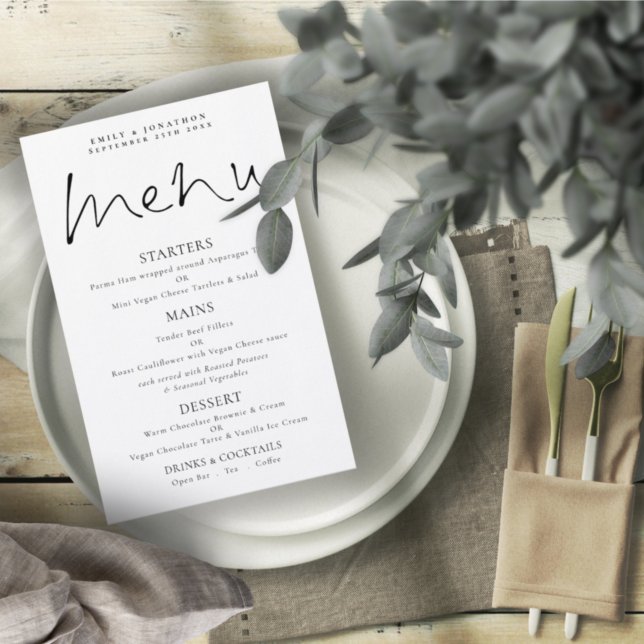 Menu de Casamento Branco Preto do Script Elegante  (Criador carregado)