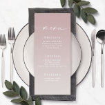 Menu de Casamento Branco Simples de Mauve e Garden<br><div class="desc">Menus Simples De Recepção de casamento Branca, Rosa E Gardenia. Esta moderna placa de menus chic é simples, clássica e elegante, com um desvanecimento sutil do gradiente ombre e uma bonito letra de caligrafia com script de assinatura com caudas. Mostrada na nova estrada. Disponível em várias opções de cor ou...</div>