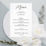 Menu de Casamento Branco Simples de Orçamento<br><div class="desc">Um excelente valor, um menu de janto branco de 5, 5" x 8, 5" é impresso em um papel colchete não revestido de 80 lb mais fino e apresenta suas opções de comida em caracteres quicos. Perfeito para uma recepção de casamento moderna, janto de ensaio de casamento, festa de aniversário...</div>