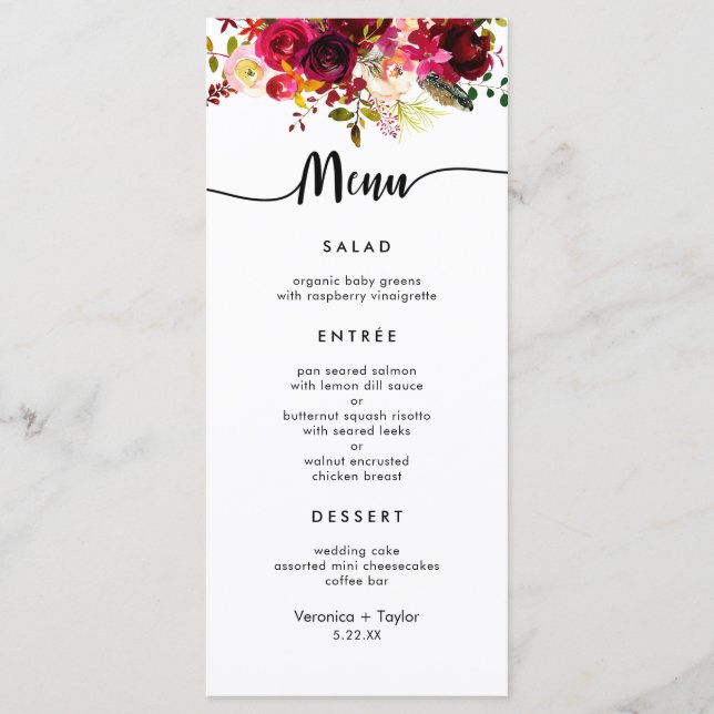 Menu de casamento Burgundy Floral Simple 3 (Frente)