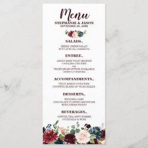 Menu de Casamento Burgundy Red Marinho Floral Rust
