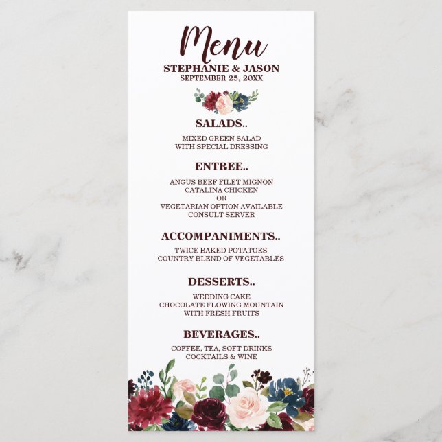 Menu de Casamento Burgundy Red Marinho Floral Rust (Frente)