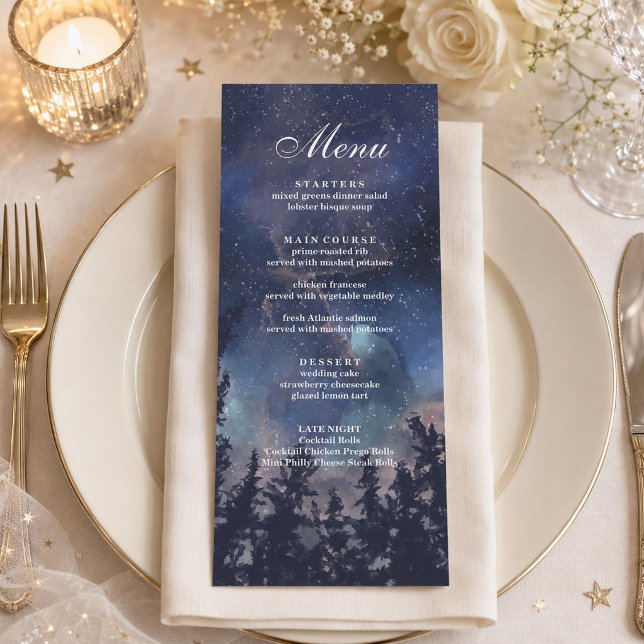Menu de Casamento Celestial Floresta Noturna Estre (Starry Night Forest Celestial Wedding Menu on an elegant wedding table with flowers)