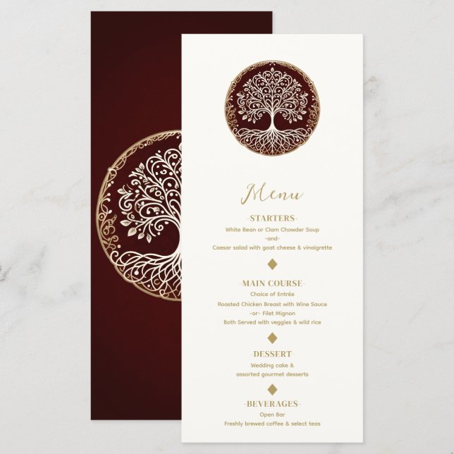 Menu de Casamento Celta Árvore da Vida Rústico Ver (Frente/Verso)