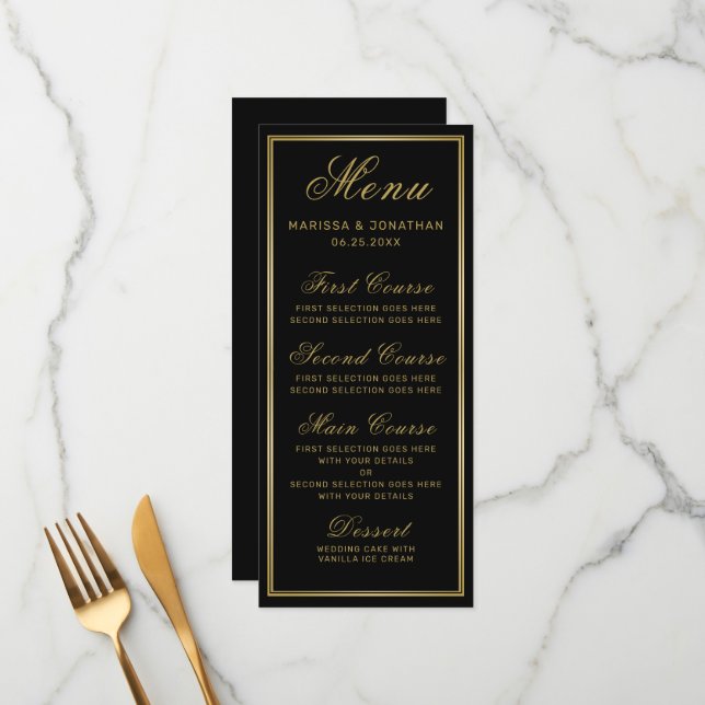 Menu de Casamento Chic do Script Dourado Preto Ele (Frente/Verso In Situ)