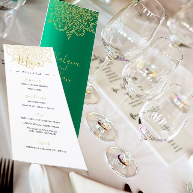 Menu de Casamento Chic Dourado Colorido Verde com  (Criador carregado)