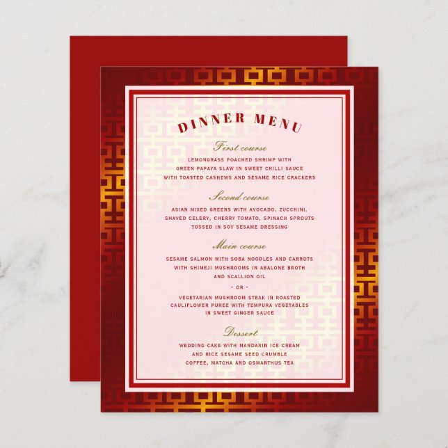 Menu de Casamento Chinês de Felicidade Dupla do Re (Frente/Verso)