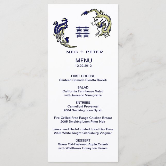 Menu de Casamento Chinês Moderno Dragão-Phoenix (Frente)