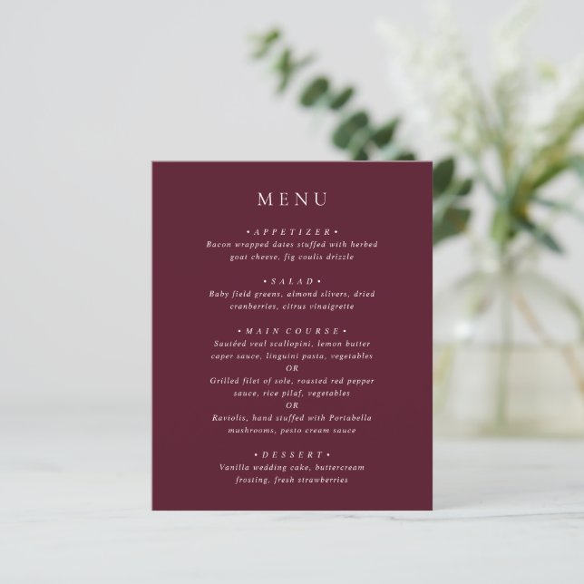 Menu de Casamento Clássico Burgundy Profundo Elega (Em pé/Frente)