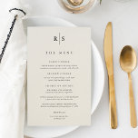 Menu de Casamento Clássico de Preto & Ecru Monogra<br><div class="desc">Compartilhe os detalhes do menu de recepção de casamento em estilo elegante com estes menus de casamento monográficos em sono de marfim quente com as suas iniciais em letras negras sérvias tradicionais,  salpicadas por uma fina linha vertical. Personalize os itens de cabeçalho e menu organizados por curso.</div>