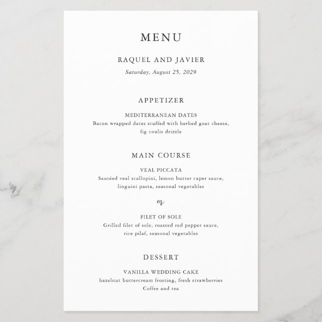 Menu de Casamento Clássico Elegante e Econômico (Frente)