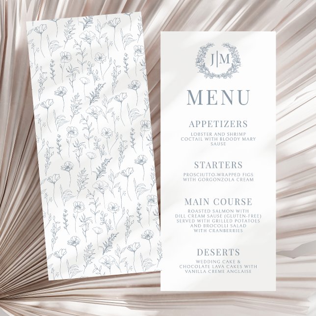 Menu de casamento clássico floral azul Dusty (Criador carregado)