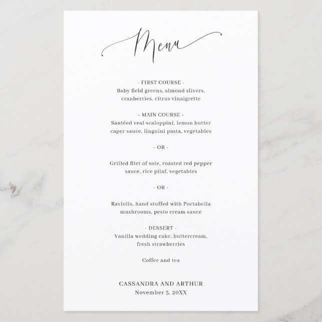 Menu de Casamento Clássico Simples e Elegante (Frente)