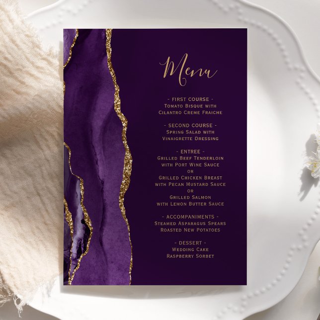 Menu de Casamento com Ameixas Douradas Roxas Elega (Criador carregado)